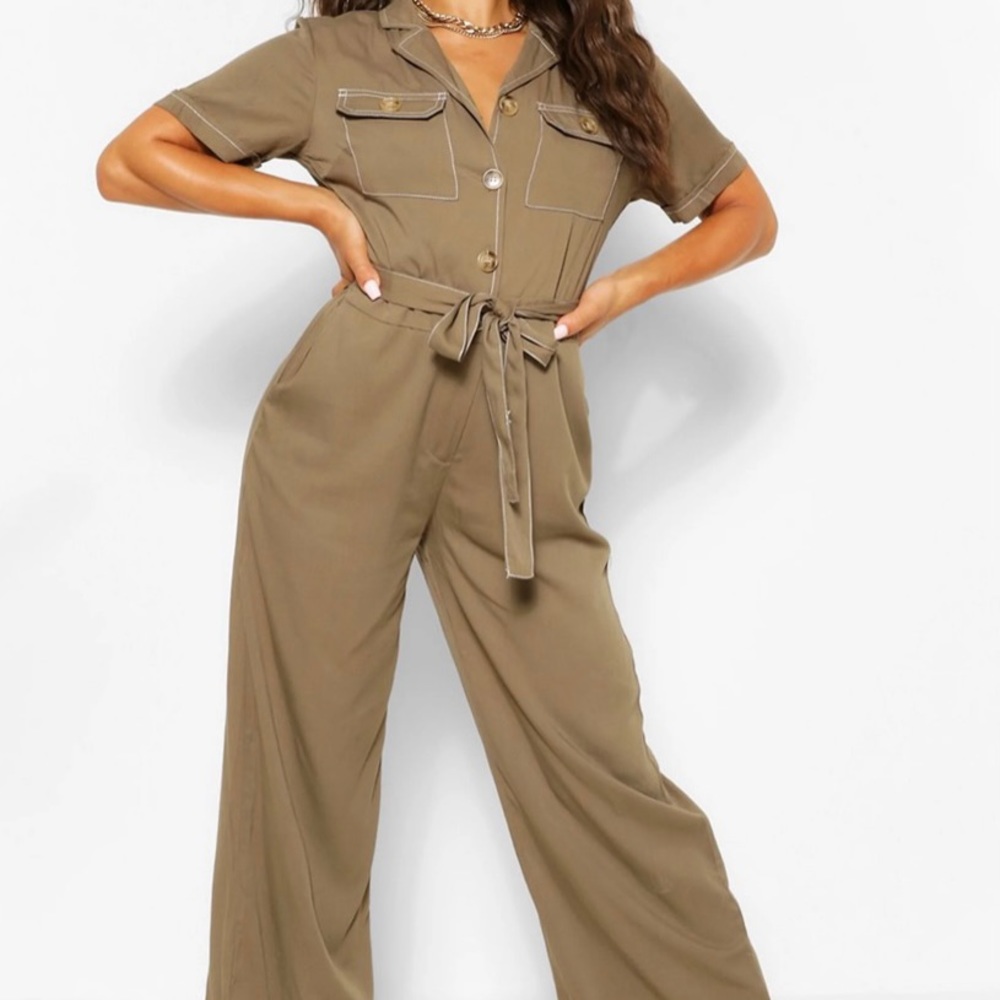 Olive Contrast Stitch Jumpsuit